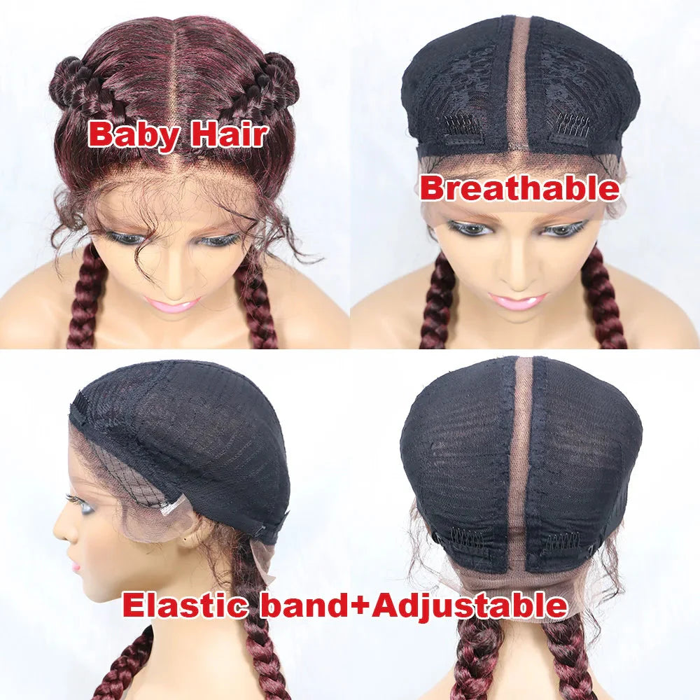 Handmade Double Dutch Cornrow Braided Wig | Natural Black Lace Front | Baby Hair | Kanekalon Synthetic Wig for Women