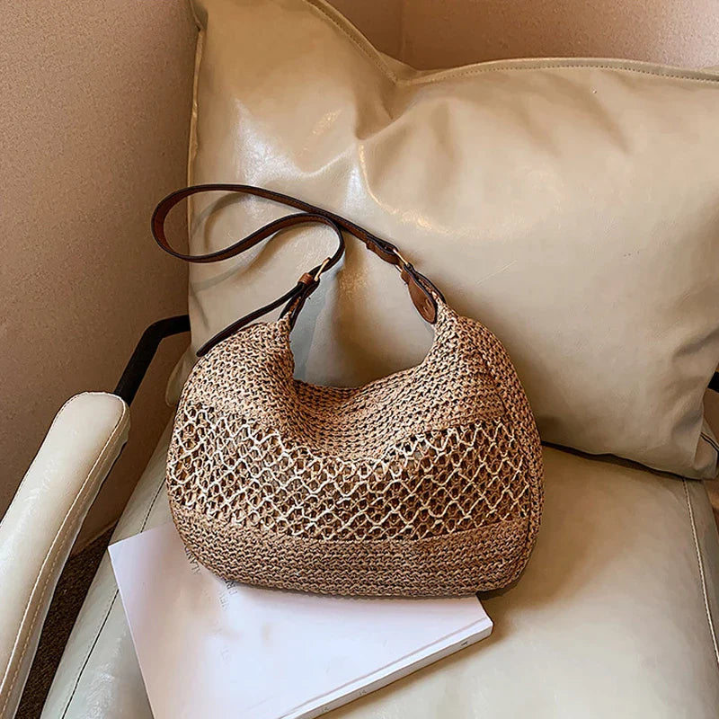 Large Capacity Summer Straw Weaving Shoulder Bag | Women's Handmade Crochet Beach Handbag & Woven Hollow Out Underarm Knitting Bag