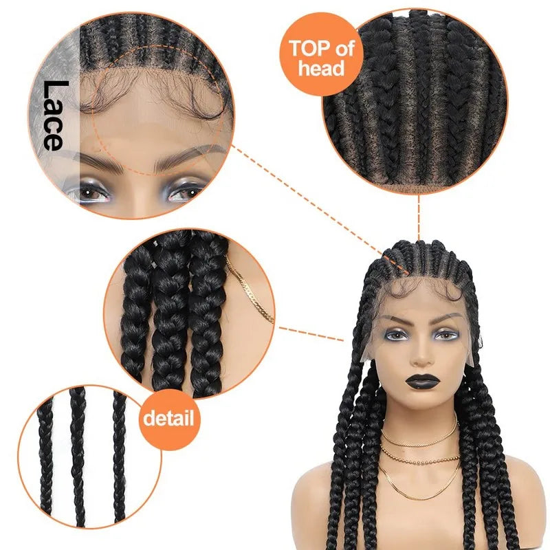 36" Jumbo Knotless Box Braids Wig | Incoo Full Lace Cornrow Wig | Transparent Lace | African Braided Hair
