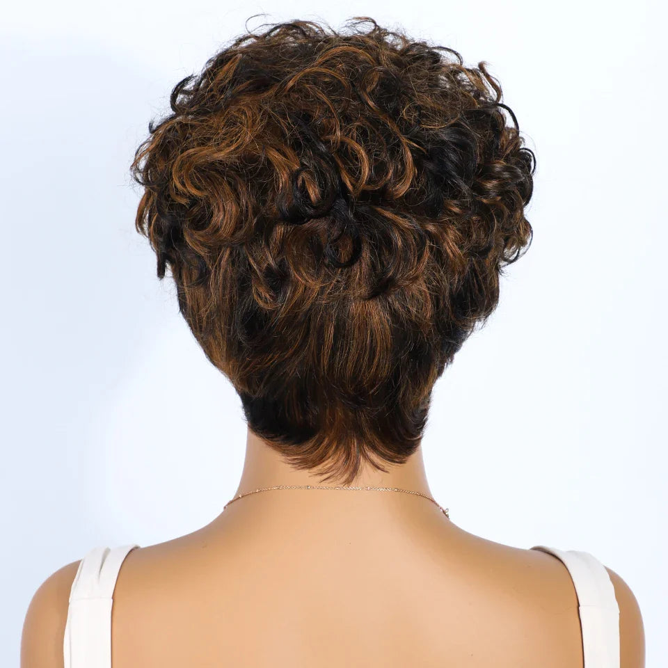 Rebecca P1B/30 Brown Pixie Cut Wig | Curly Side Part Brazilian Human Hair