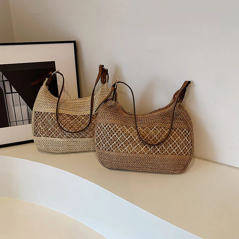 Large Capacity Summer Straw Weaving Shoulder Bag | Women's Handmade Crochet Beach Handbag & Woven Hollow Out Underarm Knitting Bag