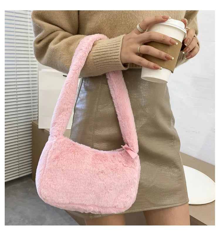 Simple Design Women's Soft Plush Hobo Shoulder Bag | Winter Furry Ladies Clutch Purse & Handbag (Fashion Female Underarm Bag)