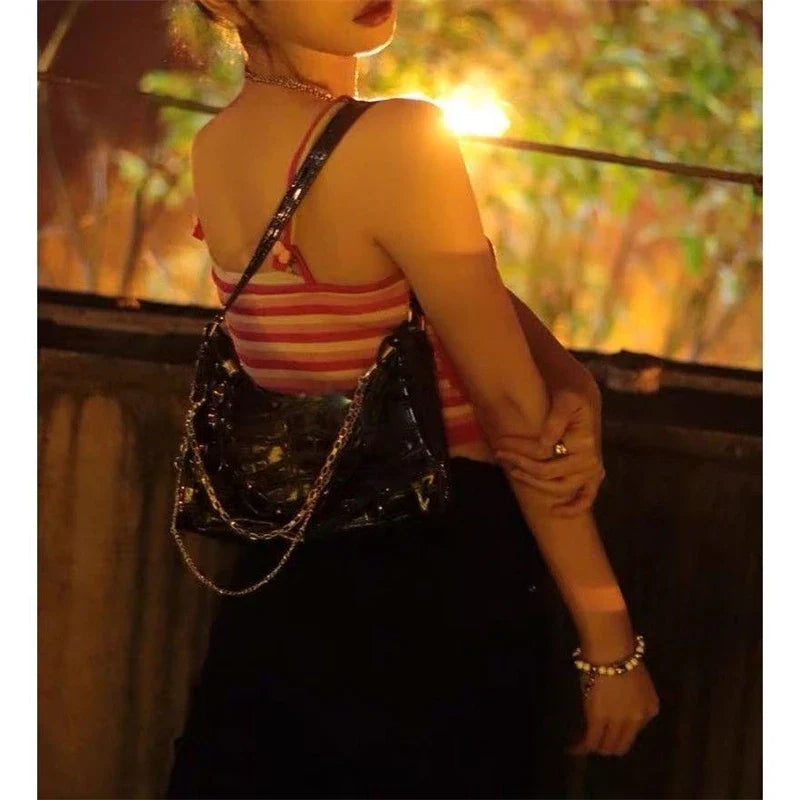 Gothic Dark Punk Underarm Bag | Skull Shoulder Bag & Y2K Chain Crocodile Pattern Crossbody Bag (Korean Popular Aesthetic Handbags)
