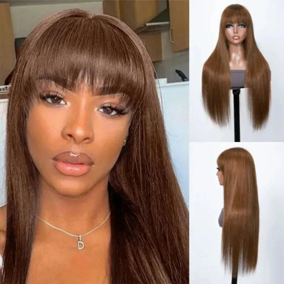 Reddish Brown Human Hair Wig with Bangs | Easy Layer Cut Straight Remy Hair for Women (Affordable)