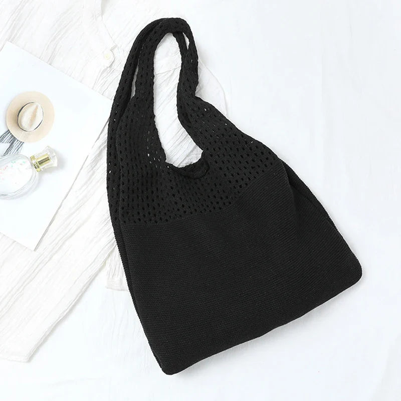 New Trend Women's Crochet Handbag | Retro Knitted Braid Solid Color Hollow Top-Handle Tote Bag (Black Khaki Shopper)
