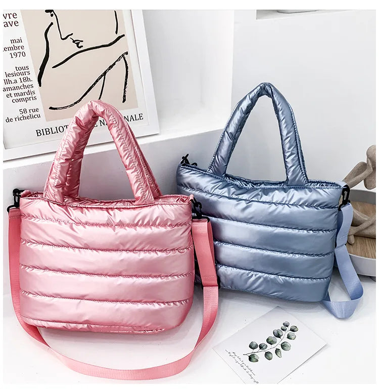 New Puffer Tote Bag for Women | Quilted Puffy Handbag & Lightweight Down Cotton Padded Shoulder & Crossbody Bag