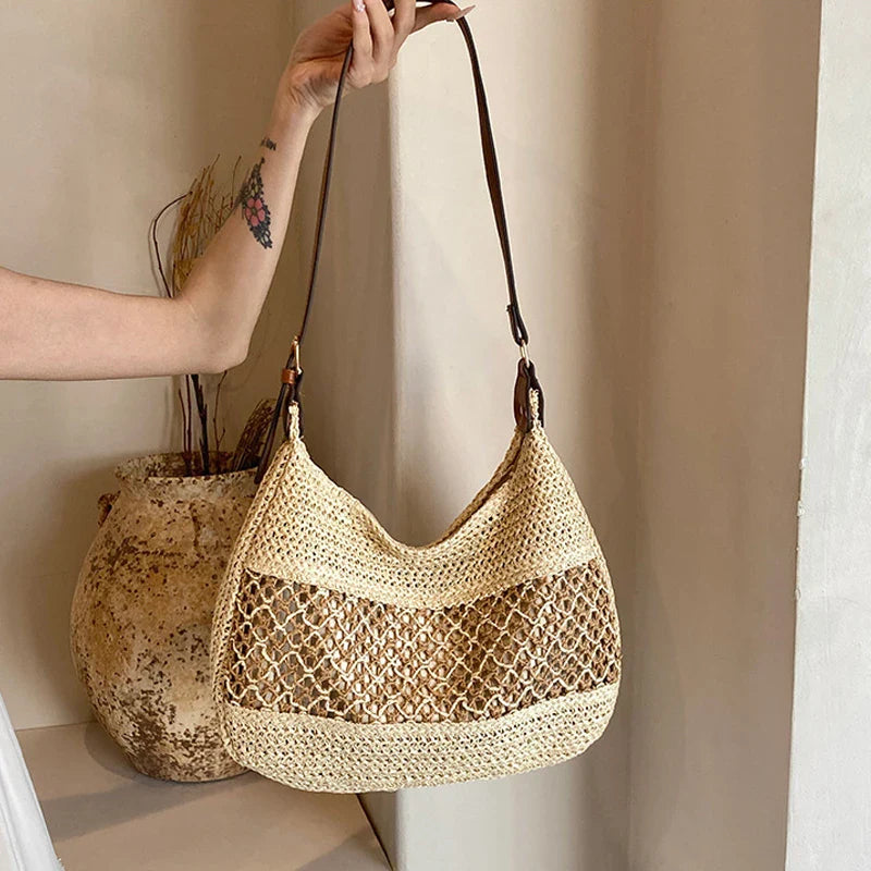 Large Capacity Summer Straw Weaving Shoulder Bag | Women's Handmade Crochet Beach Handbag & Woven Hollow Out Underarm Knitting Bag