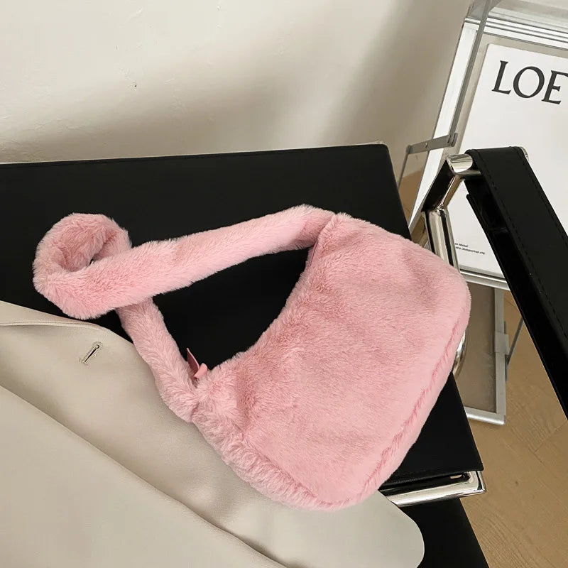 Simple Design Women's Soft Plush Hobo Shoulder Bag | Winter Furry Ladies Clutch Purse & Handbag (Fashion Female Underarm Bag)
