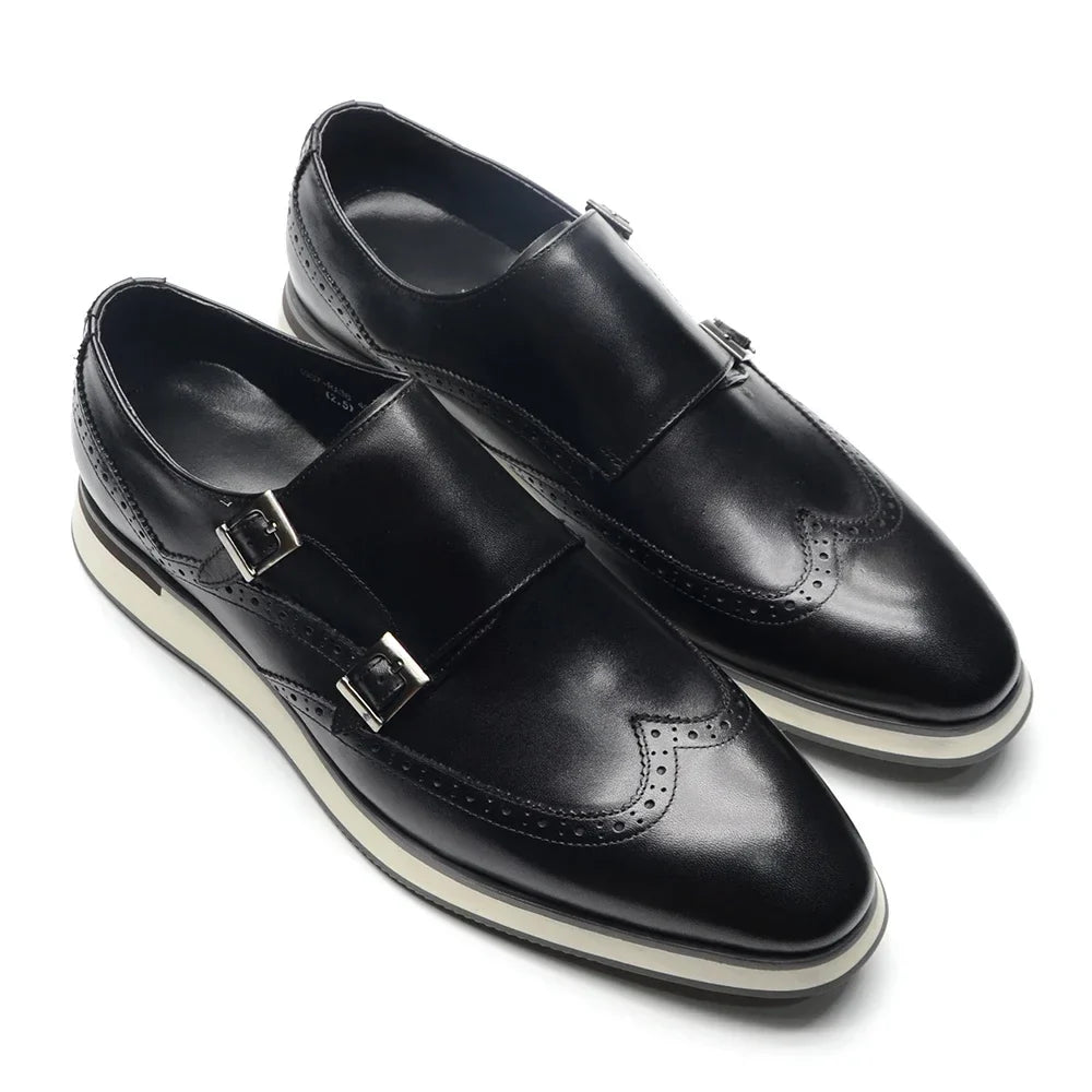 Luxury Men's Double Buckle Monk Strap Flats | Genuine Leather Casual Walk Shoes (Dark Brown, Black)