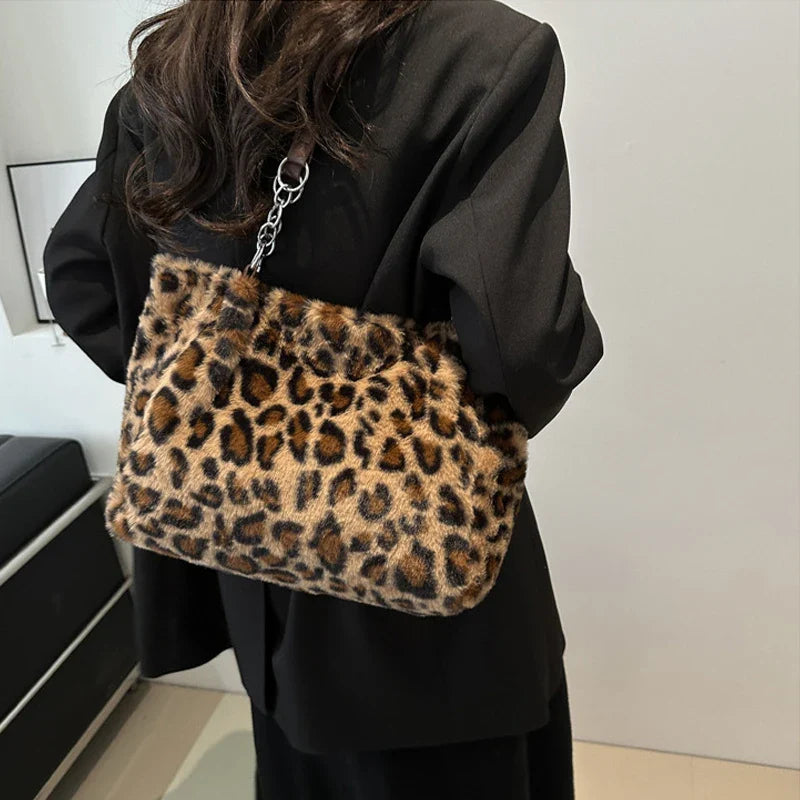 National Style Simple Women's Leopard Tote Bag | Lady Luxury Fluffy Shoulder Bag & Chain Large Capacity Commuter Handle Bag