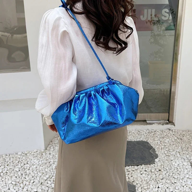 Small Luxury Design Women's Leather Silver Cloud Bag | Gold Crossbody & Ladies Party Clutch Purse (Sequined, Ruched Handbag)