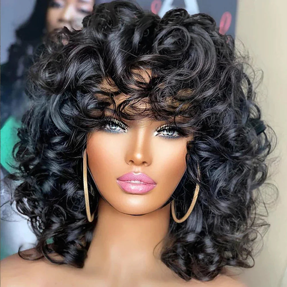 Short Curly Bob Wig Human Hair with Bangs - Glueless Funmi Curly Wig, Brazilian Remy Hair, Ready to Go