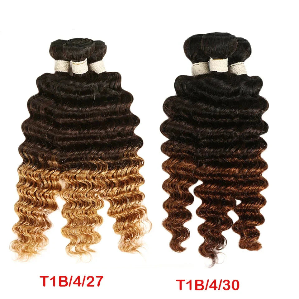 Ombre Brazilian Deep Wave Human Hair Bundles | Remy 2 Tone Color T1B/27#, T1B/30#, T1B/99J# (1, 3, or 4 Pcs)