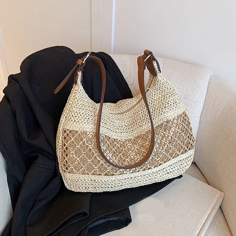Large Capacity Summer Straw Weaving Shoulder Bag | Women's Handmade Crochet Beach Handbag & Woven Hollow Out Underarm Knitting Bag
