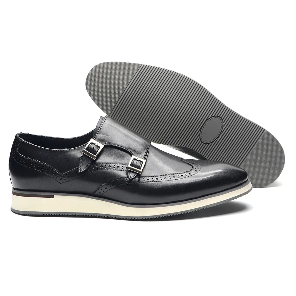 Luxury Men's Double Buckle Monk Strap Flats | Genuine Leather Casual Walk Shoes (Dark Brown, Black)