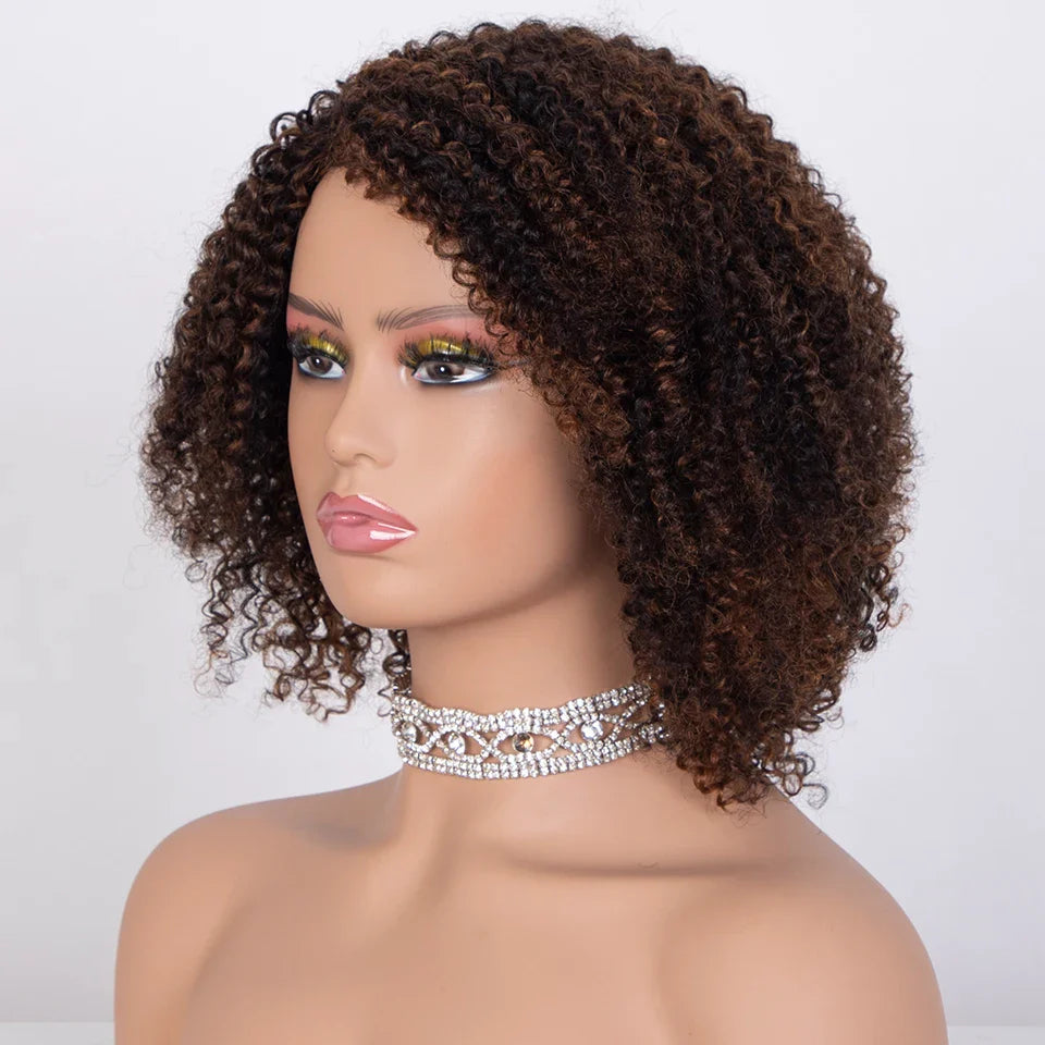Ombre Highlight Afro Kinky Curly Human Hair Bob Wig | Full Machine Made Brazilian Remy