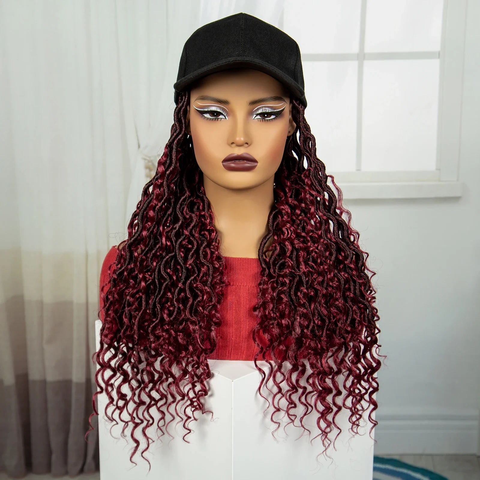 Burgundy Braided Hat Wig with Curly Ends | Knotless Braids | Adjustable Cap