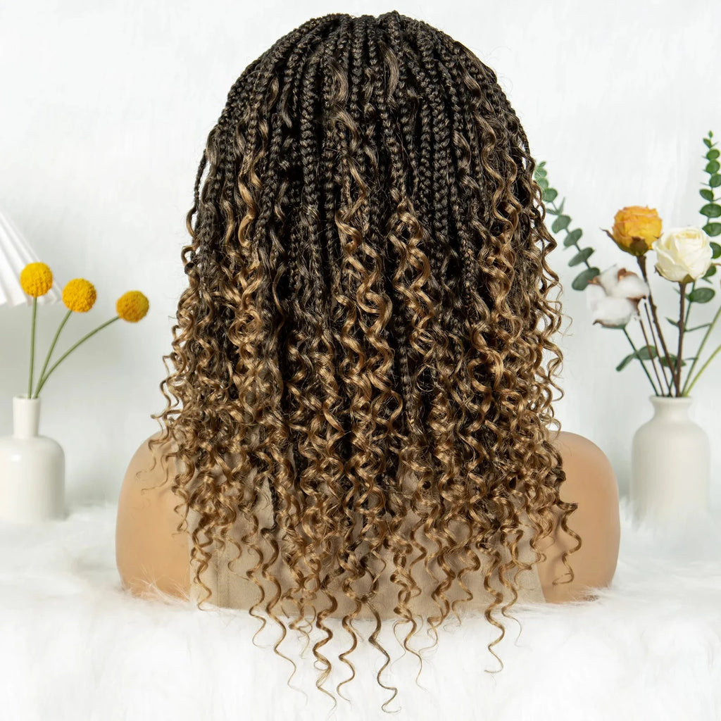 Short Bohemian Box Braids Wig | Full Lace | Curly Ends | Baby Hair | Synthetic Boho Wig