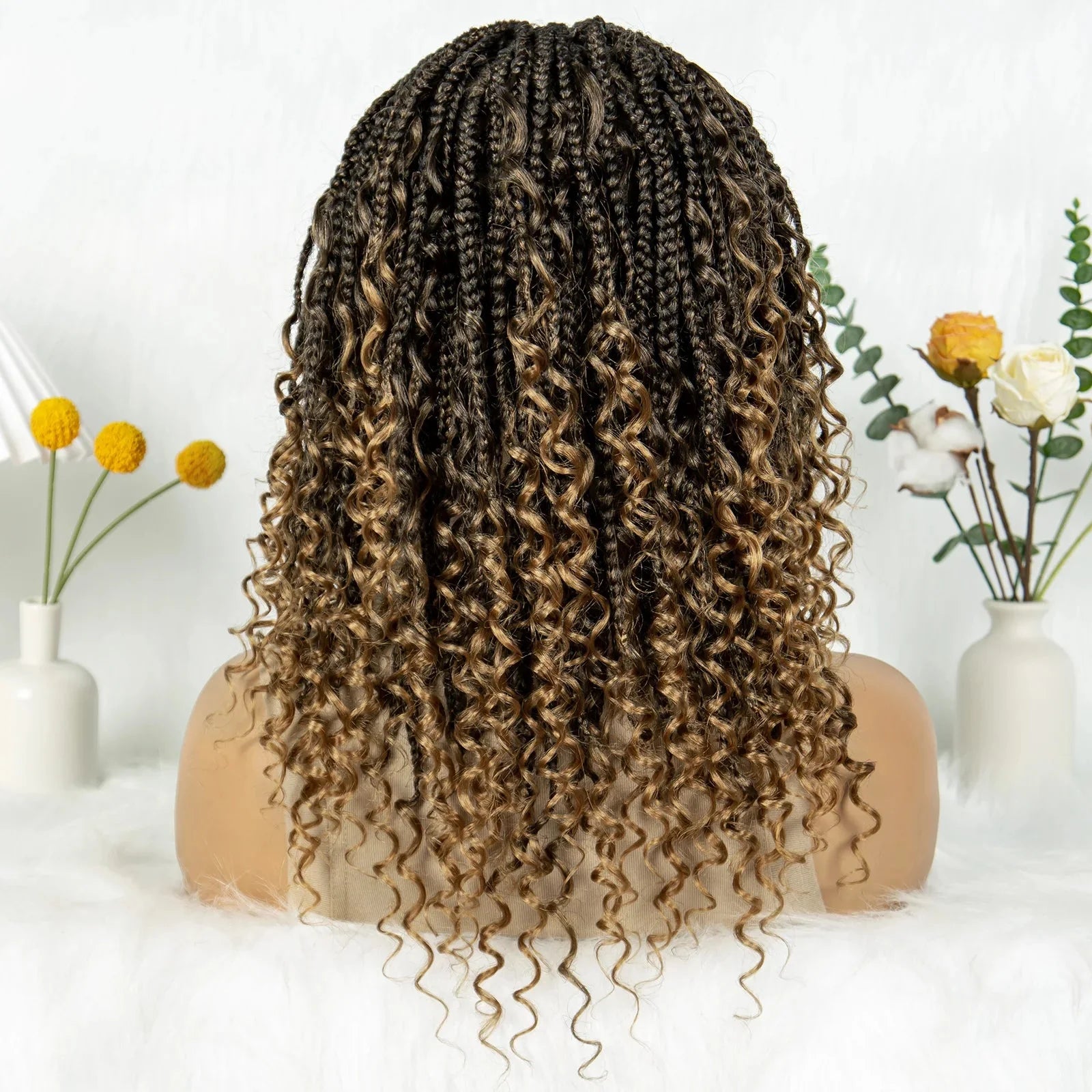 Short Bohemian Box Braids Wig | Full Lace | Curly Ends | Baby Hair | Synthetic Boho Wig