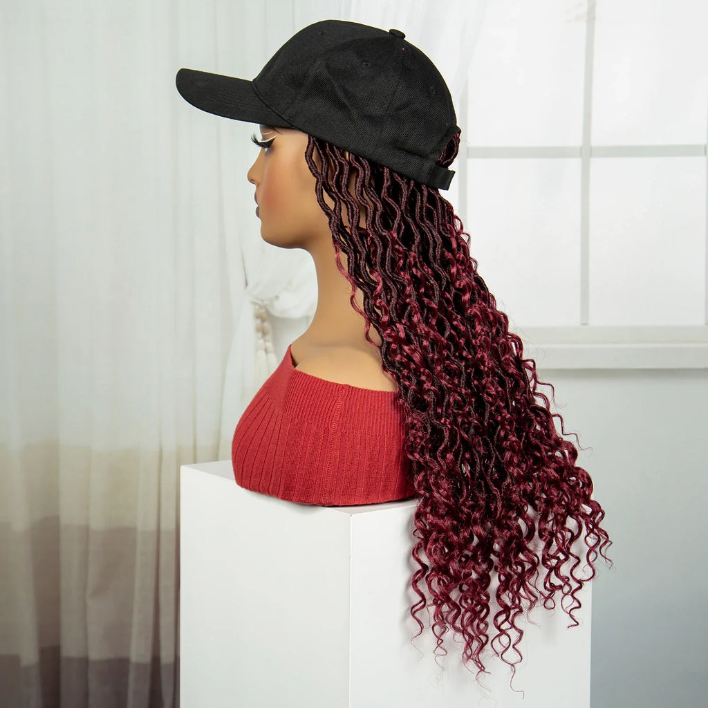 Burgundy Braided Hat Wig with Curly Ends | Knotless Braids | Adjustable Cap