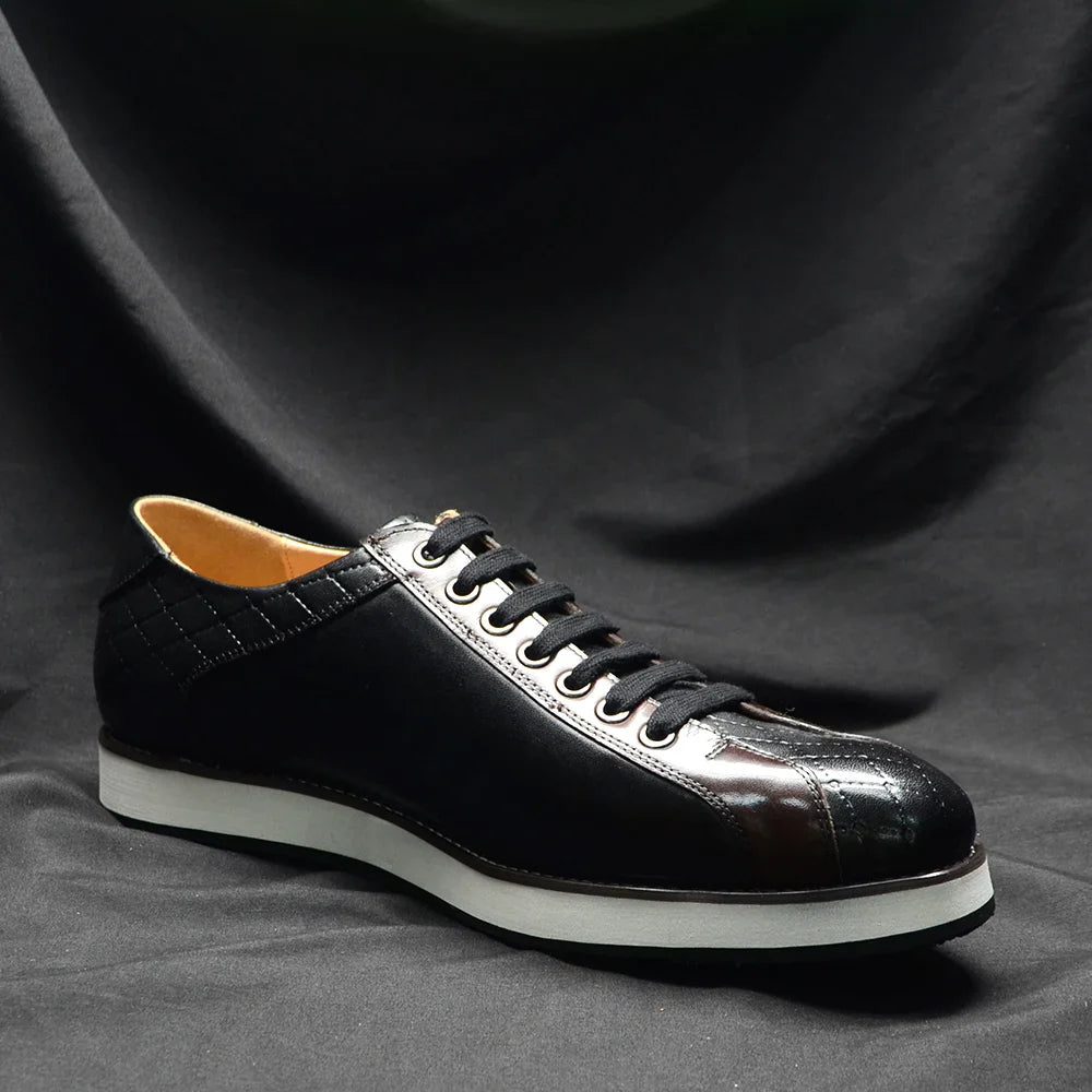 Europe 2024 Fall Luxury Men's Genuine Leather Plaid Casual Shoes | Black & Dark Brown Business Sneakers (Height Increasing)