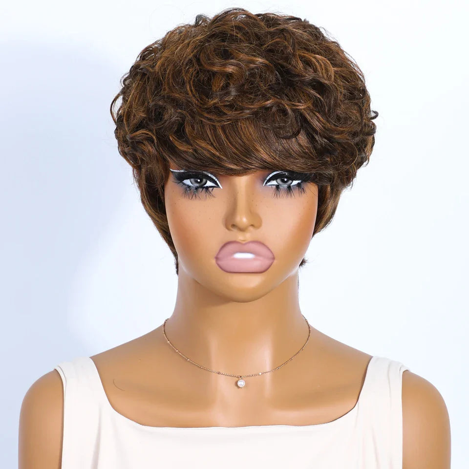 Rebecca P1B/30 Brown Pixie Cut Wig | Curly Side Part Brazilian Human Hair