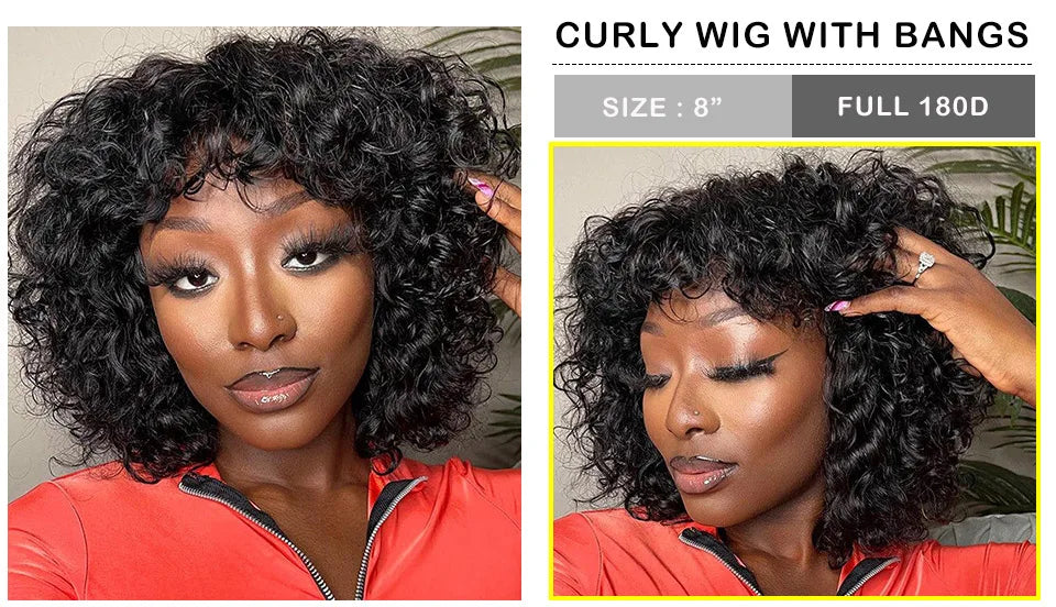 Highlight Honey Blonde Jerry Curly Pixie Bob Wig with Bangs | Full Machine Made Human Hair