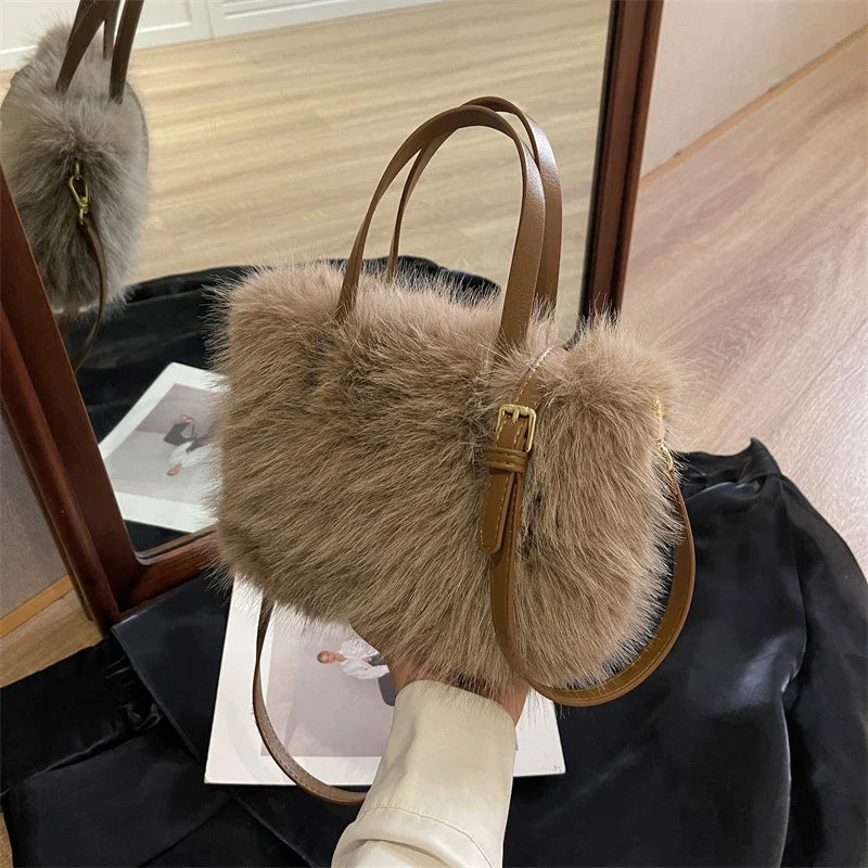 Faux Fur Tote Bag Women's | Bucket Plush Luxury Design Ladies Handbags & Soft Winter Crossbody Shoulder Bags (Bolsa Feminina)