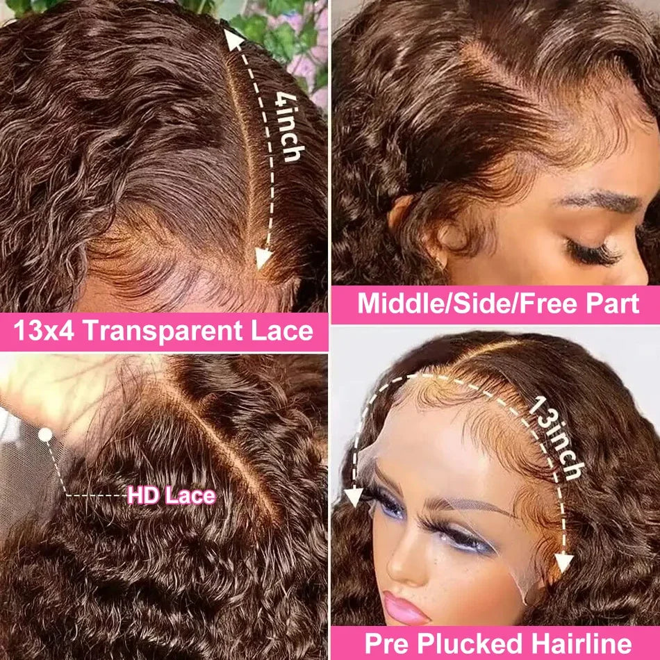 Chocolate Brown Deep Wave Frontal Wig | 13x4 HD Transparent Curly Lace Front Human Hair Wig (Bleached, Brazilian Brown Colored)