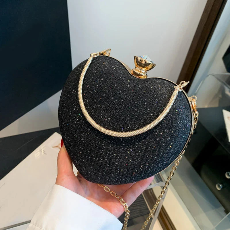 Shiny Heart Shape Metal Evening Clutch Bag for Women | Fashion Chain Shoulder Crossbody Bag (Luxury Lady Purse)