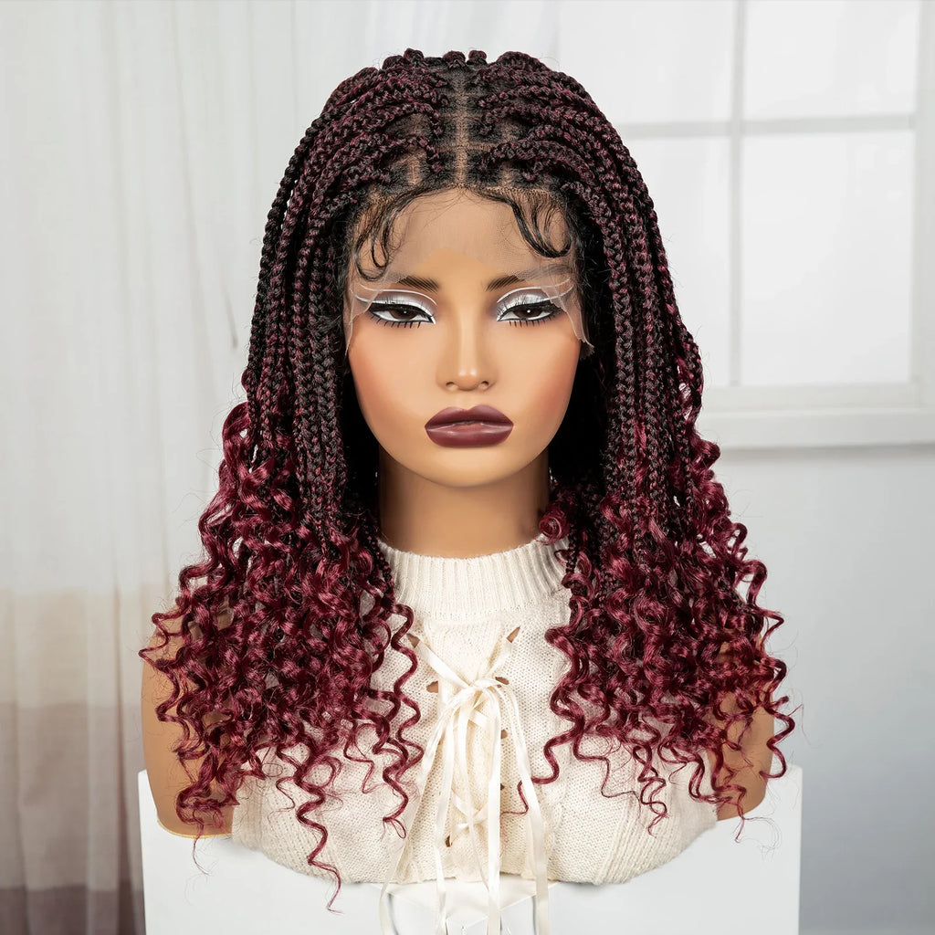 Ombre Boho Knotless Braids Bob Wig with Curly Ends | Full Lace