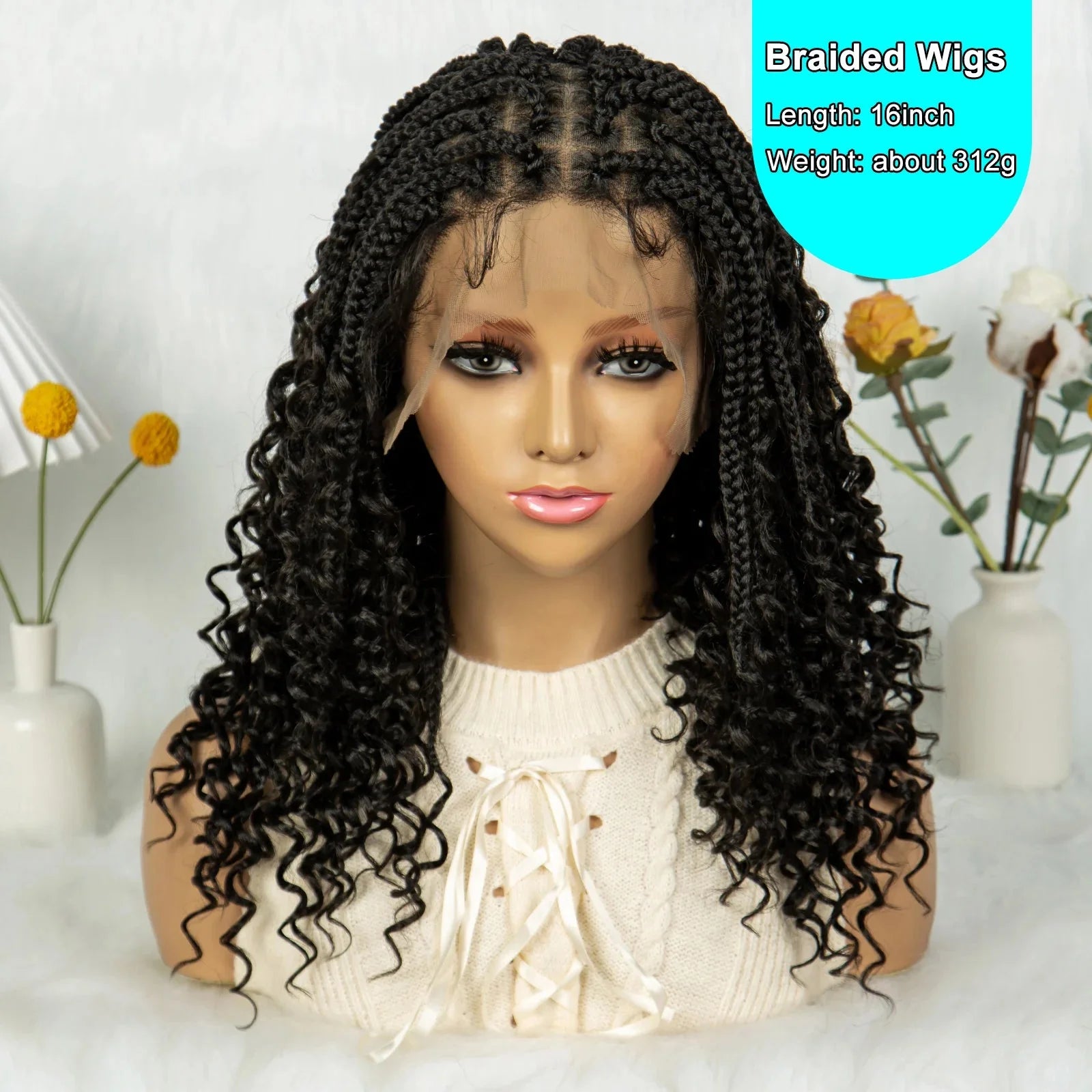 Short Bohemian Box Braids Wig | Full Lace | Curly Ends | Baby Hair | Synthetic Boho Wig