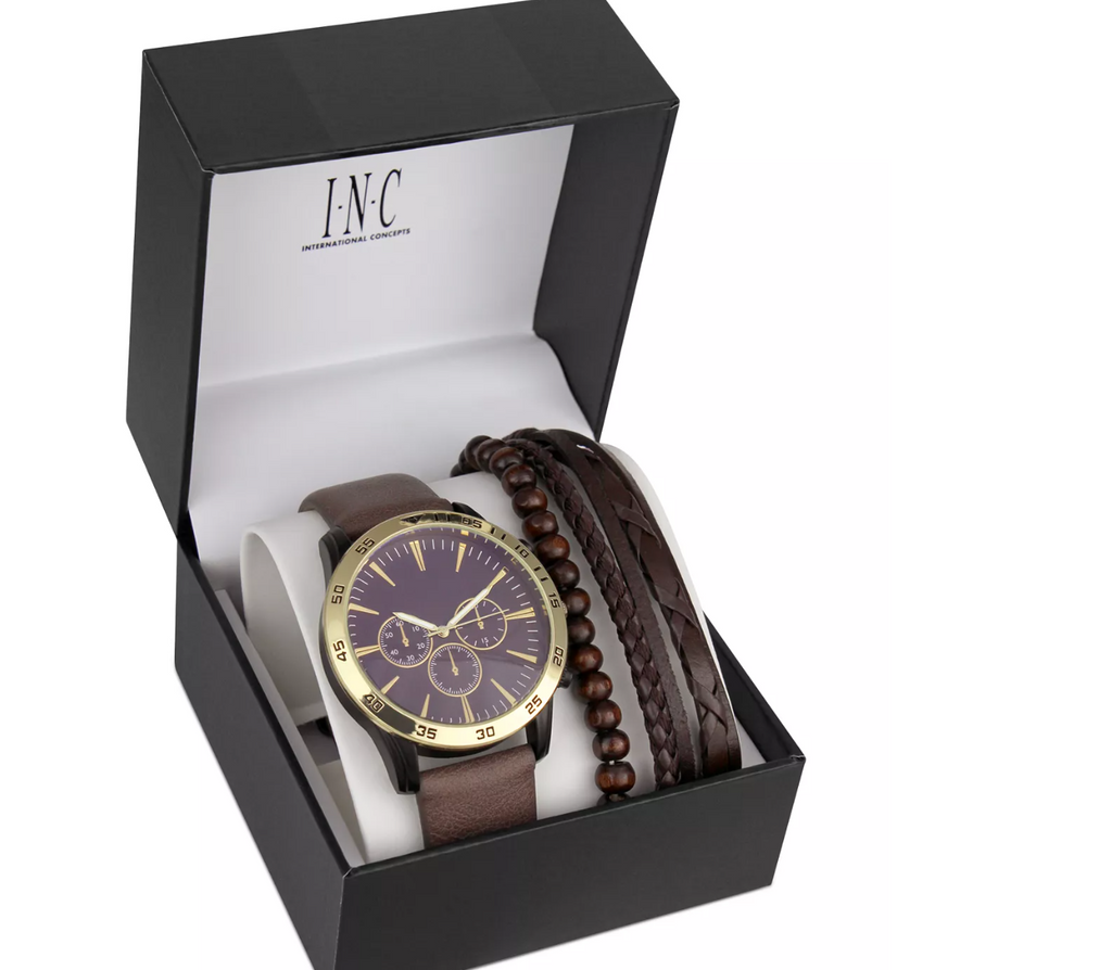 INC Brown Faux-Leather Strap Watch 48mm & 3-Pc. Bracelet Set