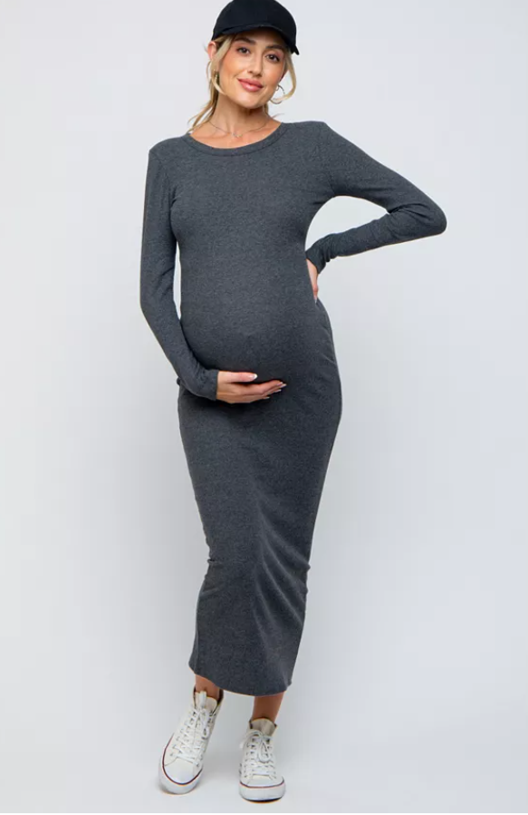 Pinkblush Maternity Black Ribbed Fitted Long Sleeve MIDI Dress - Black, Large