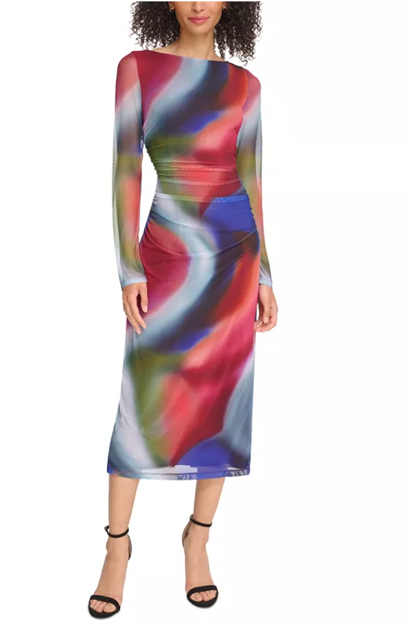 Vince Camuto Womens Printed Mesh Ruched Bodycon Dress, Size 10