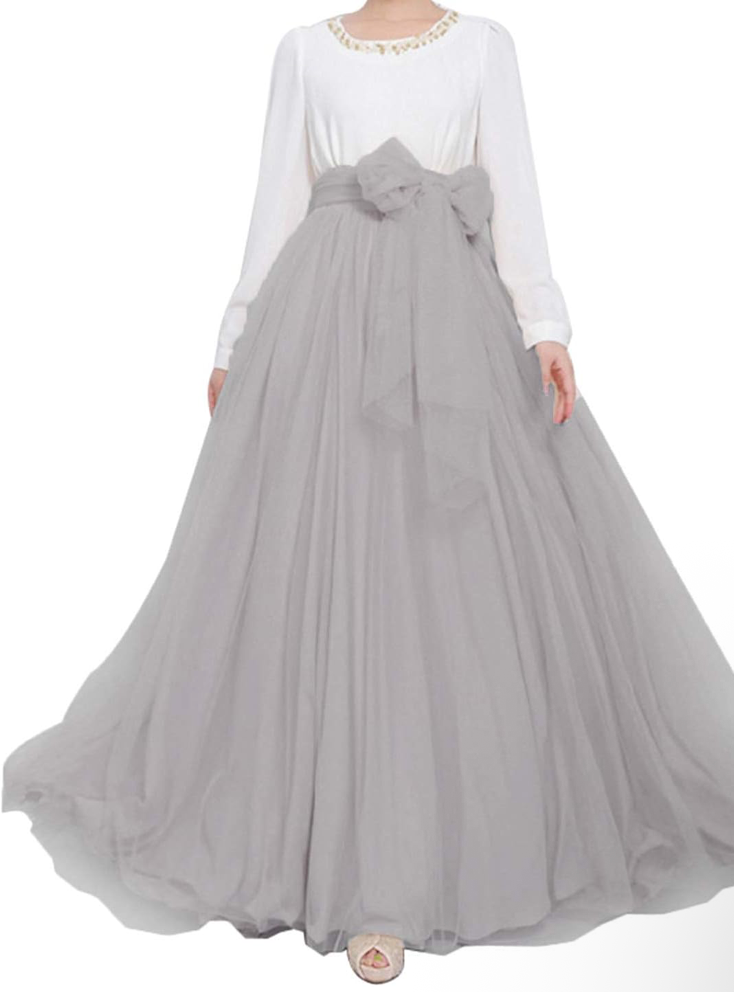 Tulle Maxi Skirt with Bow Knot Belt – Bridal & Formal Full-Length Skirt