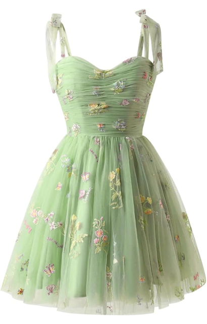 Sage Green Floral Embroidered Tulle Mini Dress