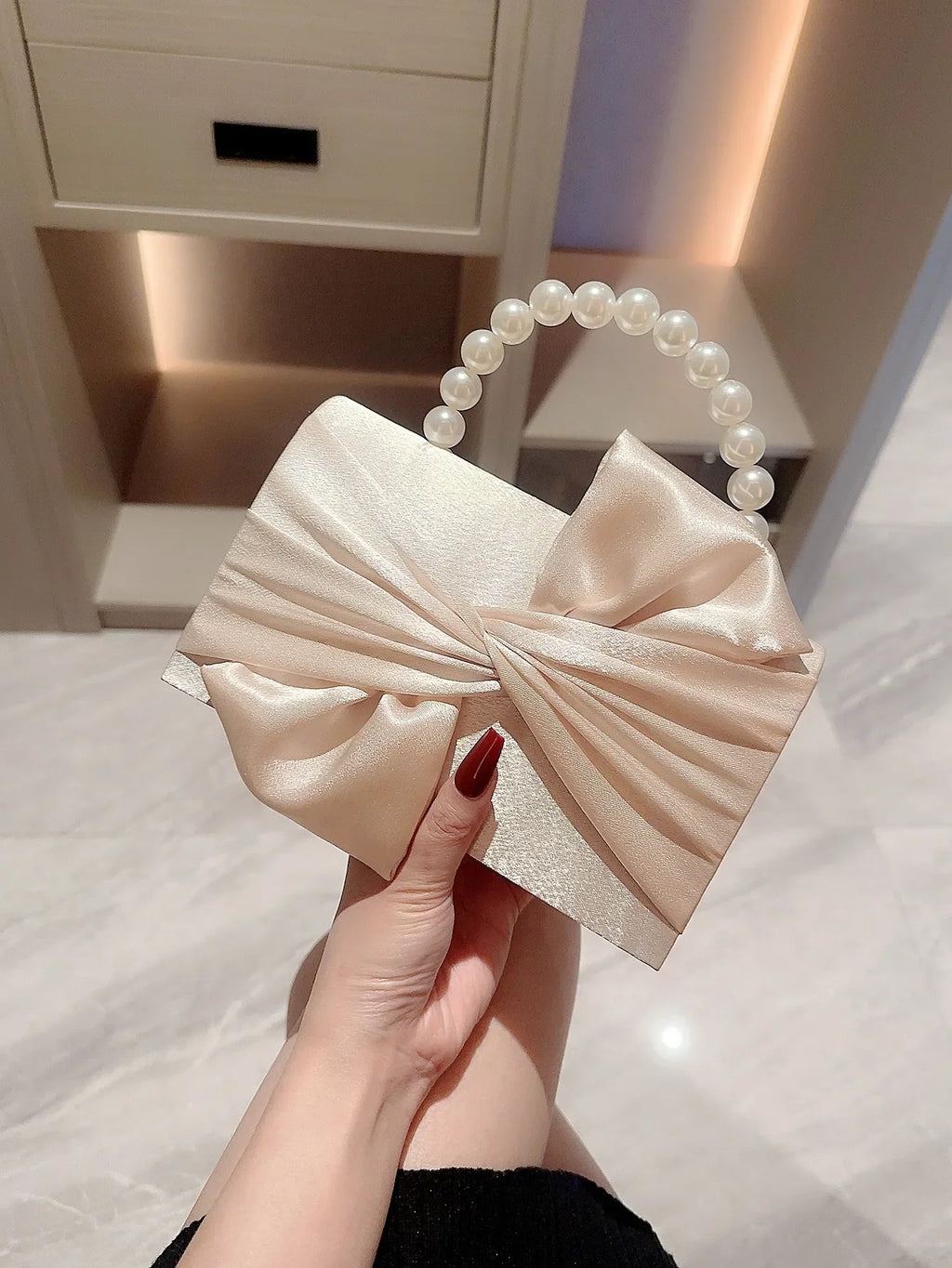 Lady Exquisite Flower Evening Bag | White Wedding Bag & Faux Pearl Handheld Banquet Bag (Party, Prom, Dress Bag)
