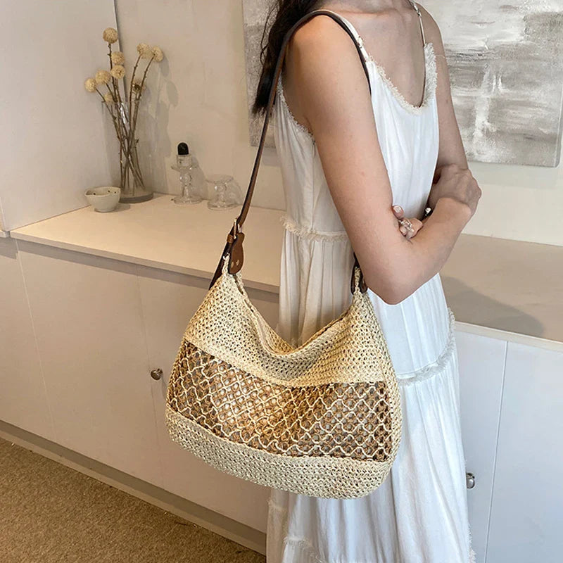 Large Capacity Summer Straw Weaving Shoulder Bag | Women's Handmade Crochet Beach Handbag & Woven Hollow Out Underarm Knitting Bag