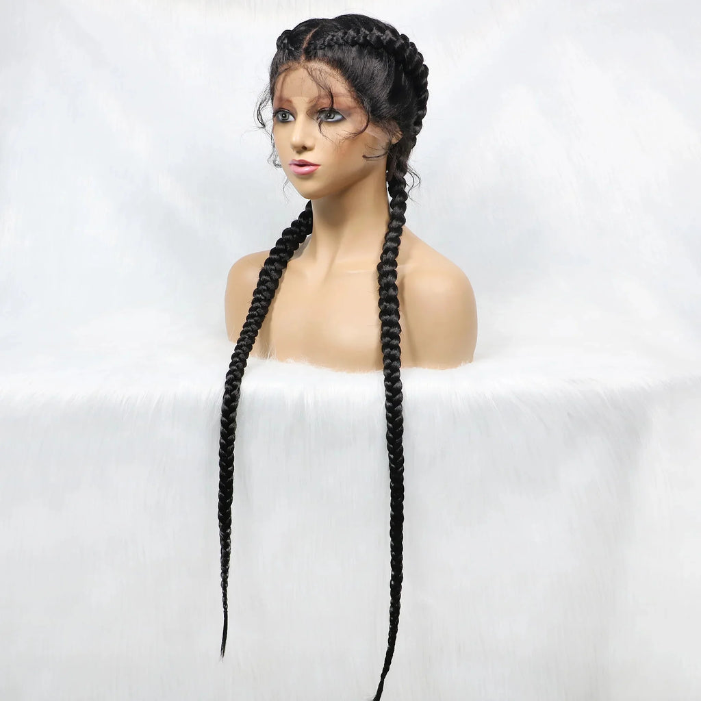 Handmade Double Dutch Cornrow Braided Wig | Natural Black Lace Front | Baby Hair | Kanekalon Synthetic Wig for Women
