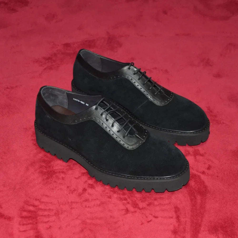 Designer Luxury Platform Oxfords for Men | Cow Suede Genuine Leather Black & Blue Casual Shoe (Height Increasing)