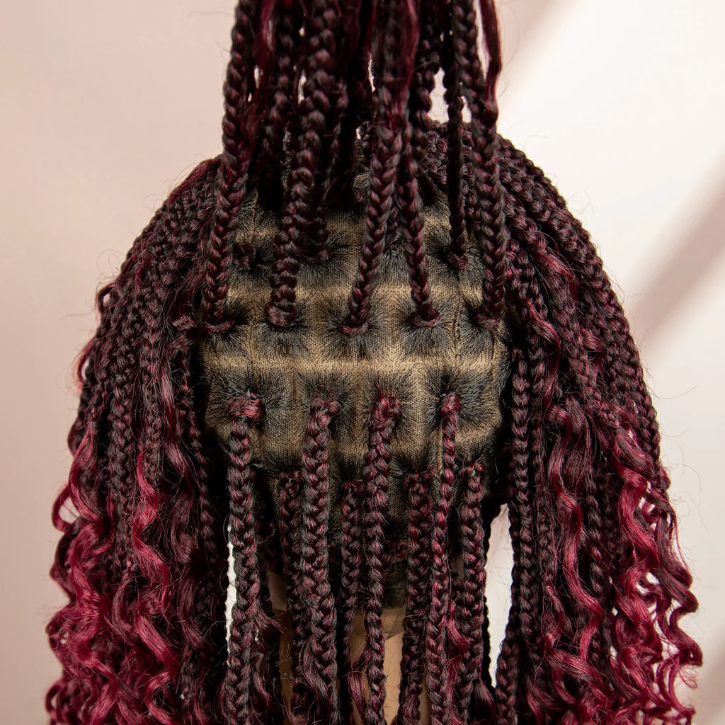 Burgundy Knotless Box Braids Wig with Curly Ends | Full Lace