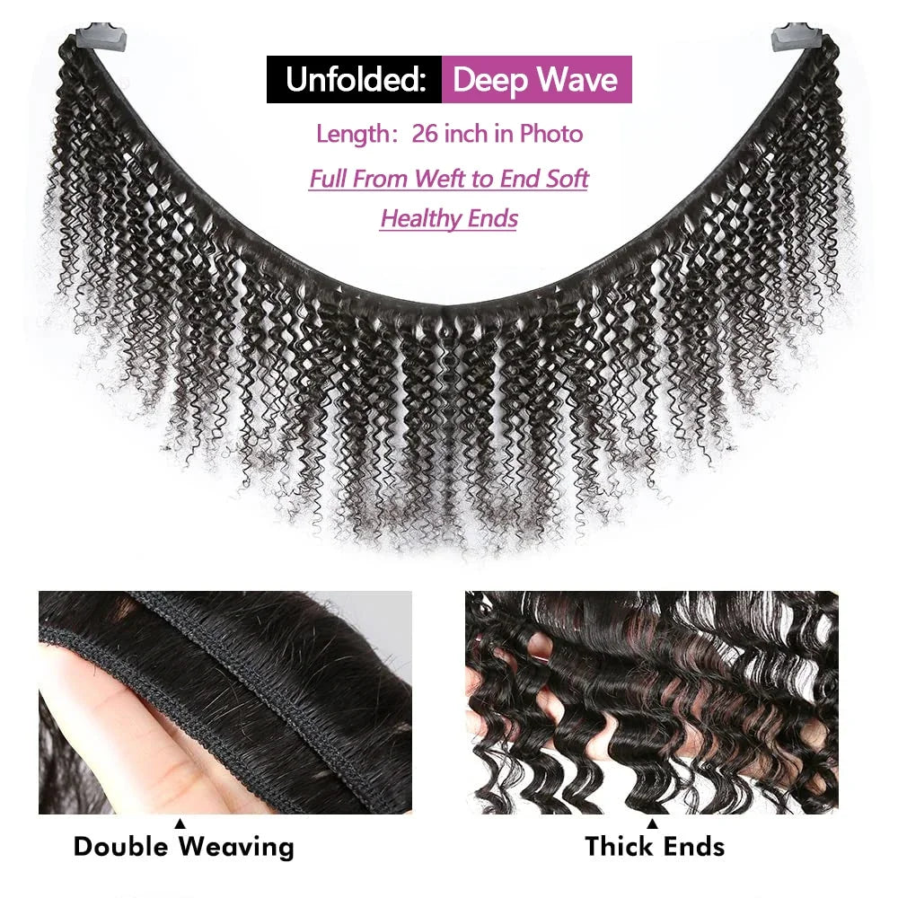 Queenlike 24 26 28 Inch Deep Wave Human Hair Bundles | Brazilian Remy Hair Extensions | Deep Curly Weave