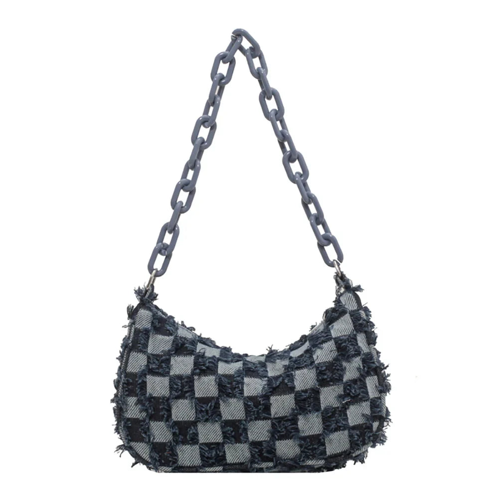 Vintage Women's Casual Shoulder & Underarm Bag | Plaid Pattern Denim Small Purse (Ladies Chain Leisure Handbag, Hobo Style)
