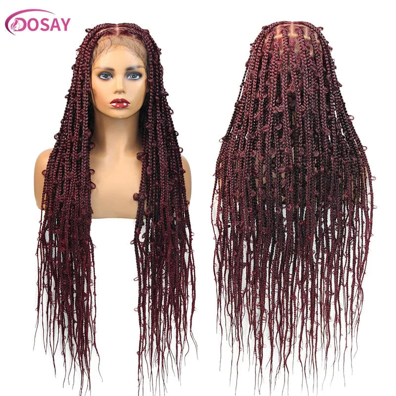 36" Butterfly Braided Full Lace Wig | Honey Blonde & Burgundy Goddess Locs | Synthetic Box Braids | Transparent Lace