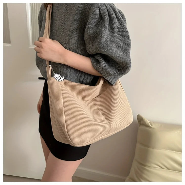 Women's Corduroy Shoulder Bag | Casual Striped Large Capacity Tote with Zipper (Cute Hat Patch, Everyday Use)
