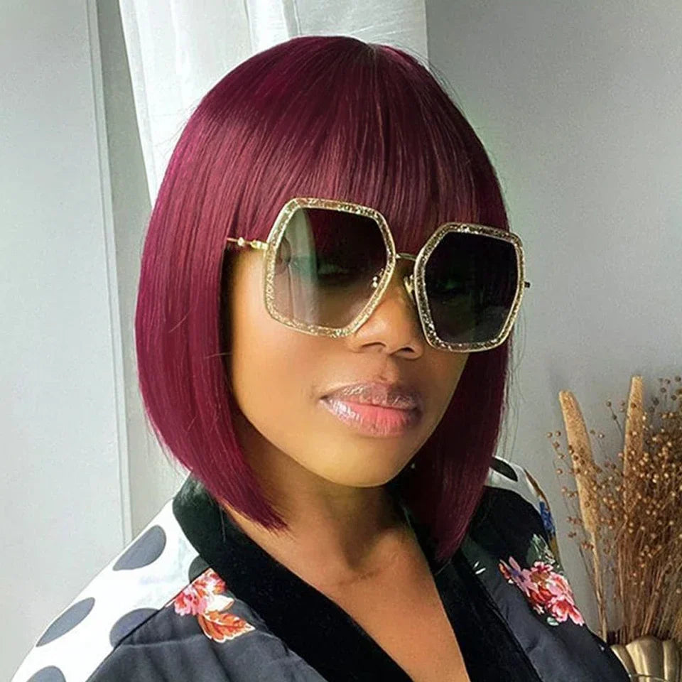 Rebecca Orange Blonde & 99J Red Straight Bob Wig with Bangs | Human Hair Machine Made