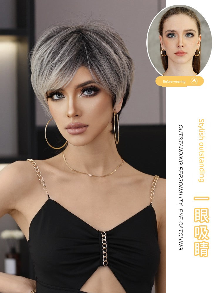 European & American Short Platinum Highlight Black Wig | Full Head Cover Artificial Human Hair Wig for Women (Natural Hairstyle with Oblique Bangs)