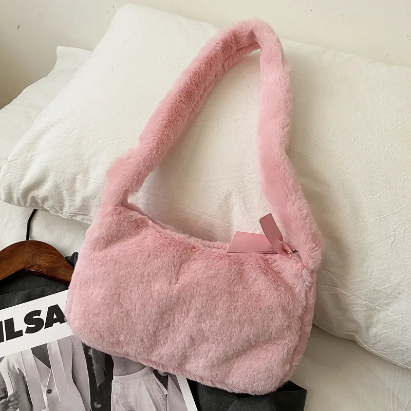 Simple Design Women's Soft Plush Hobo Shoulder Bag | Winter Furry Ladies Clutch Purse & Handbag (Fashion Female Underarm Bag)