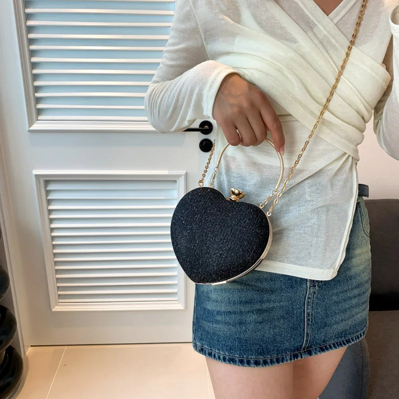 Shiny Heart Shape Metal Evening Clutch Bag for Women | Fashion Chain Shoulder Crossbody Bag (Luxury Lady Purse)